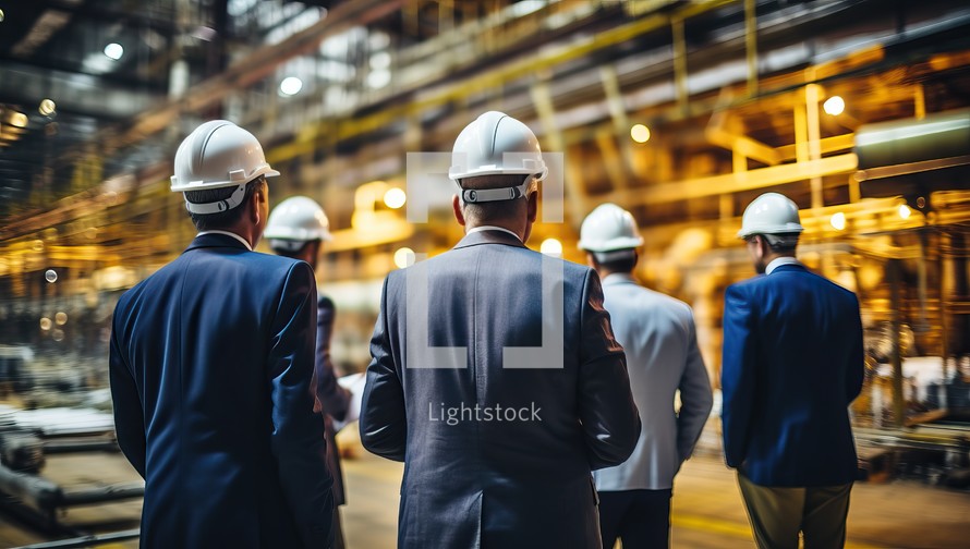 Engineer and worker wearing safety helmet in industrial factory. Industry and engineering concept.