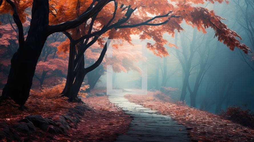 Autumn landscape with path and trees in foggy forest