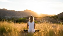 Young woman meditating in field at sunset