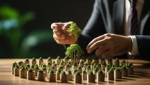 Businessman planting tree in a row of small trees on wooden table