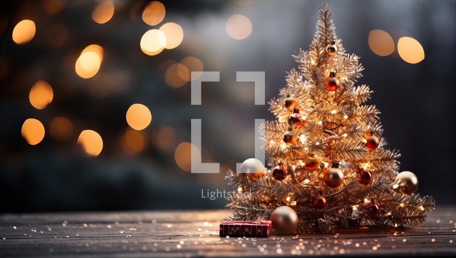 Christmas tree on wooden background with bokeh lights and copy space
