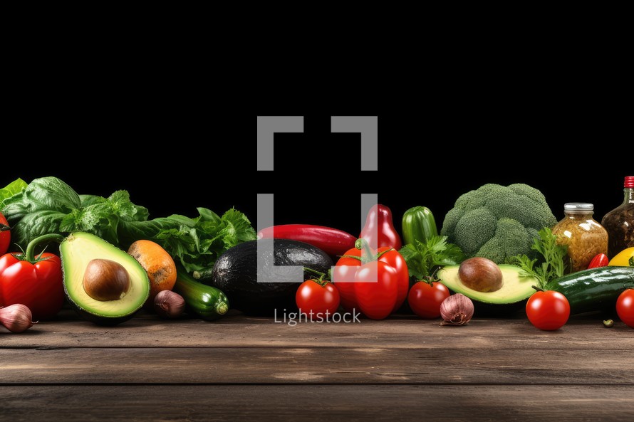 Fresh vegetables and fruits on wooden table against black background with copy space
