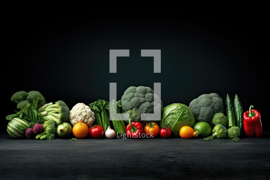 Group of fresh organic vegetables on black background. Healthy food concept.