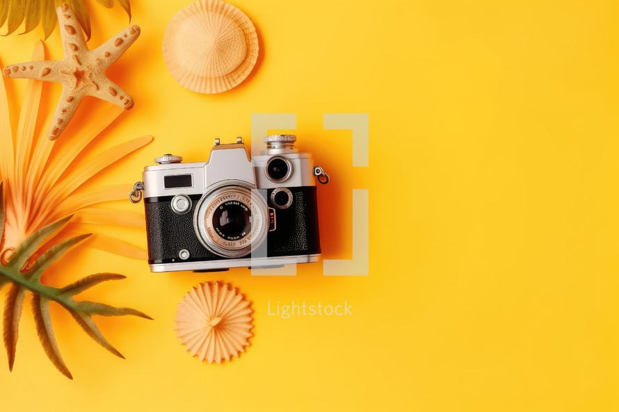 Flat lay composition with retro camera, hat and palm leaves on yellow background