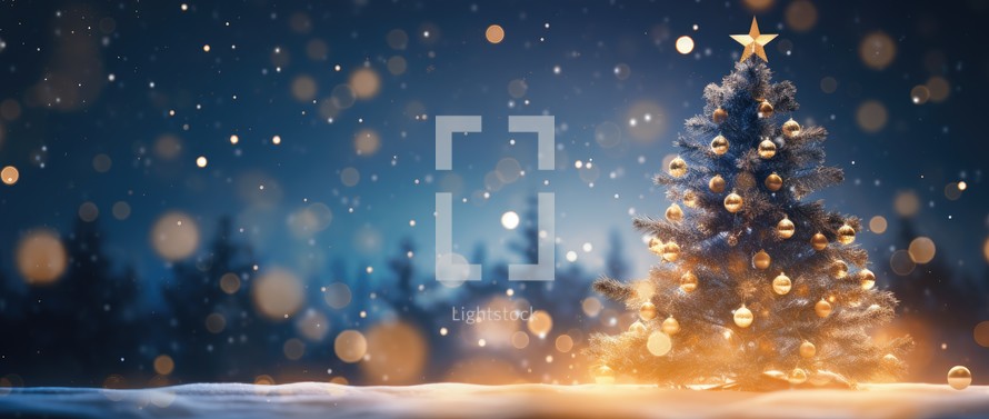 Christmas tree in the snow with golden stars and bokeh background