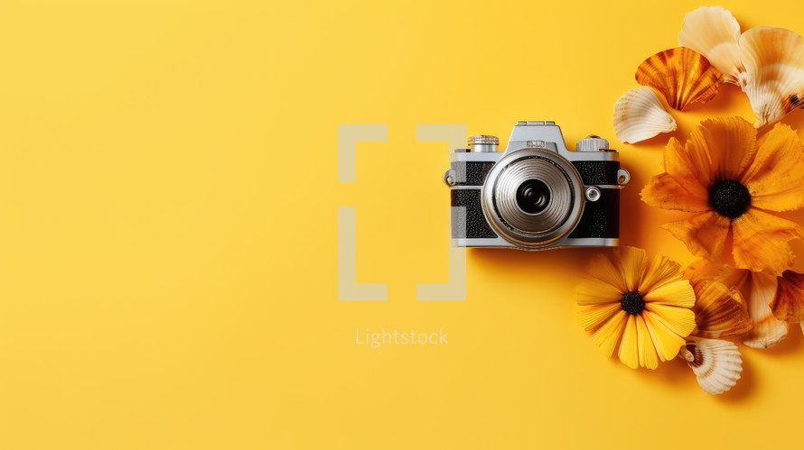 Retro camera with flowers on yellow background. Flat lay, top view