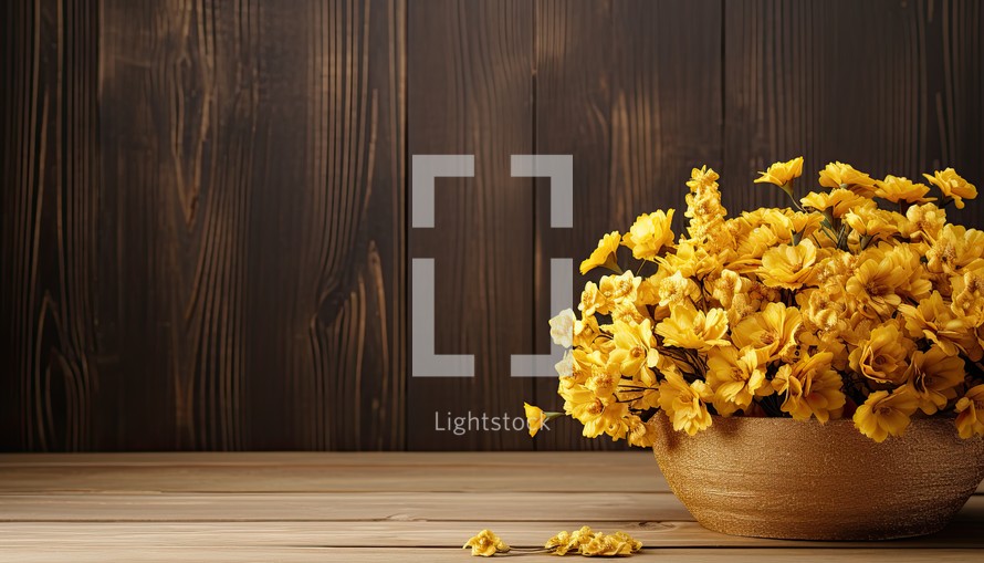 Yellow flowers in a wooden bowl on a wooden background with copy space