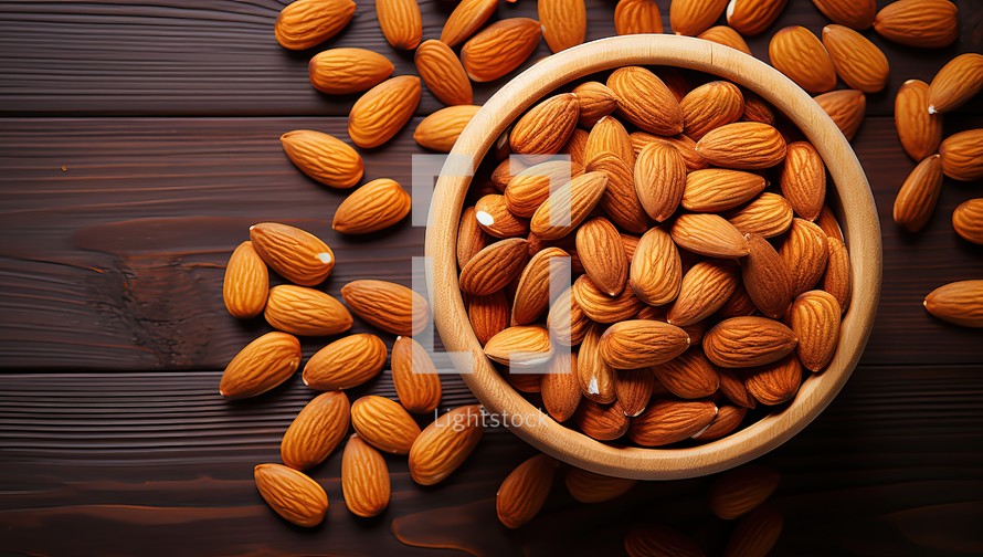Almond nuts in wooden bowl on brown wooden background. Top view.