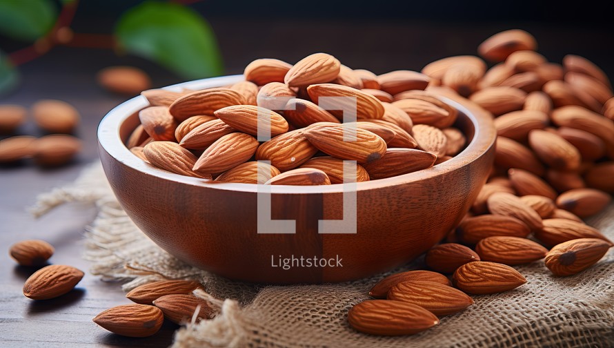 Almond nuts in wooden bowl on sackcloth and dark wooden background