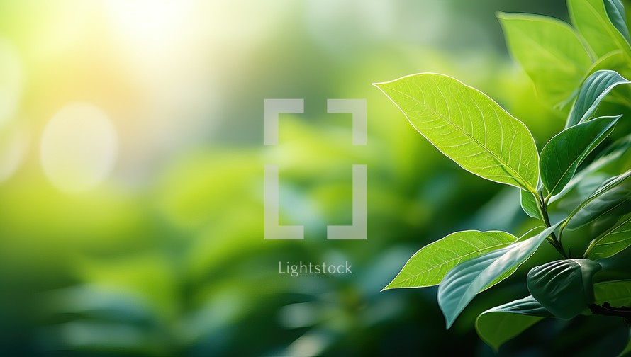 Close up of green leaves with sunlight and bokeh background.