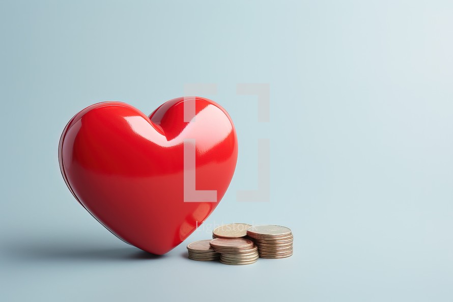 Red heart and coins on a blue background. Valentine's day concept.