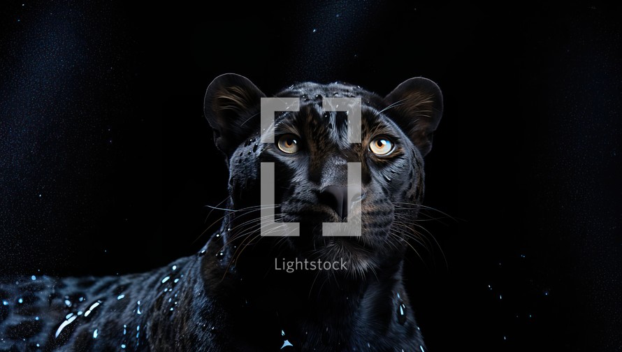 Portrait of a black panther on a black background with water drops