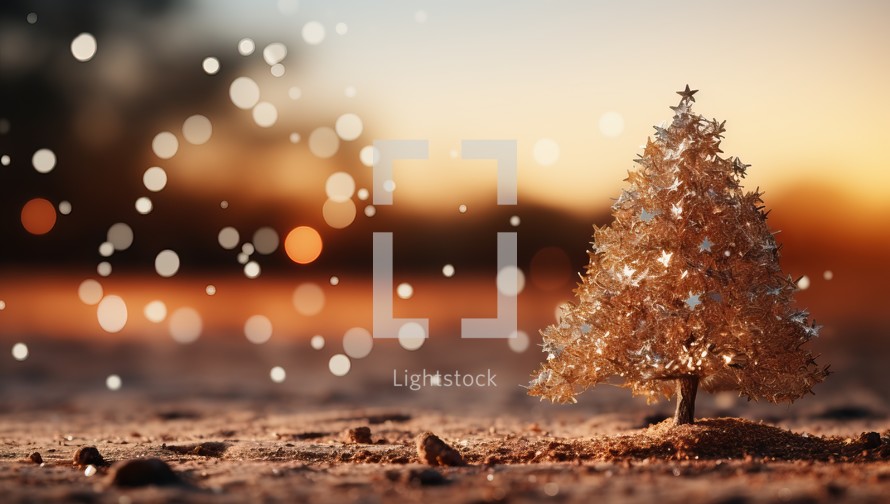Christmas tree in the sand with bokeh background. Christmas concept