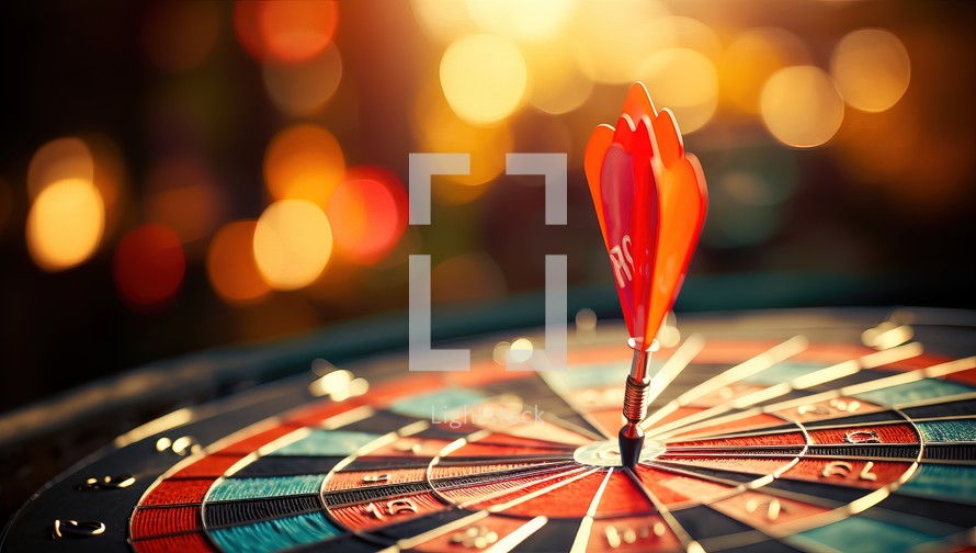 Dartboard with red arrow on the center and bokeh background