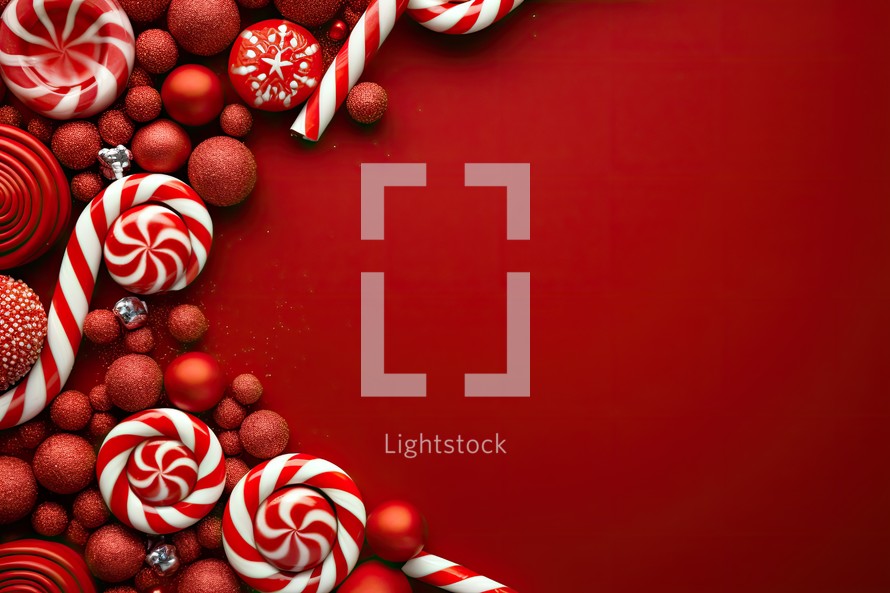 Christmas background with red and white candies and lollipops