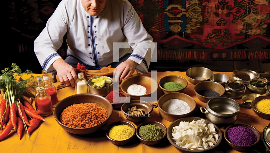 Spices and herbs on a wooden table with a chef in the background