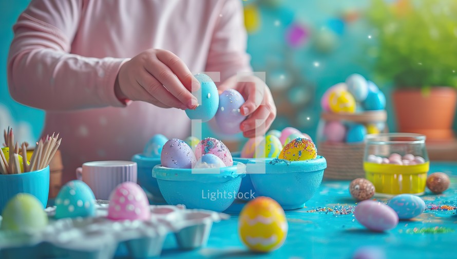  Child Decorating Colorful Easter Eggs
