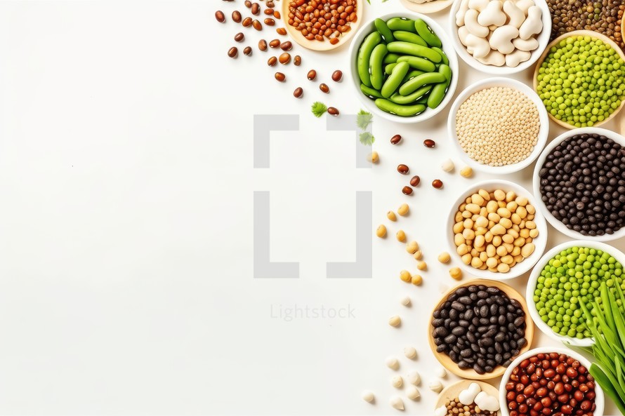 Assortment of beans on white background. Top view with copy space
