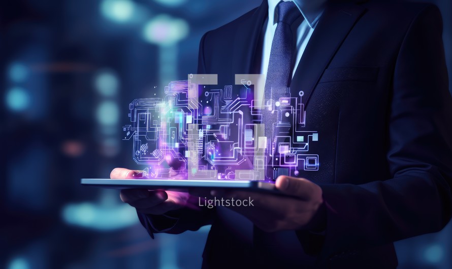 Businessman holding tablet with circuit hologram. Technology and innovation concept. Double exposure