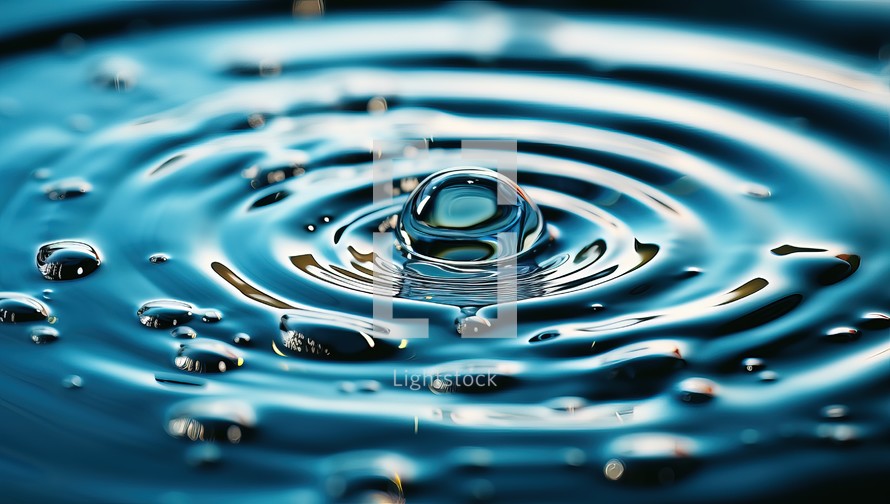 Water drop close-up macro photography with waves and ripples.