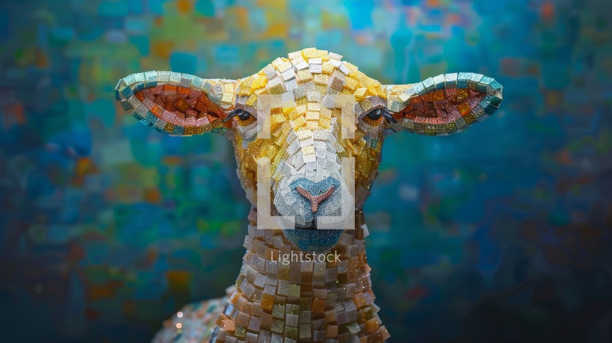 Colorful Mosaic Sheep Art with Yellow, Pink, and Blue Tiles