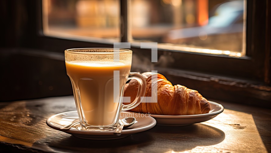 Coffee with croissants on a wooden table by the window