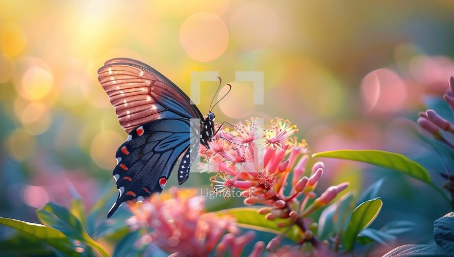 Butterfly feeding on flower during sunset