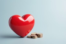 Red heart and coins on a blue background. Valentine's day concept.