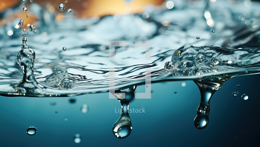 Water splashes and drops on blue background. Close-up.
