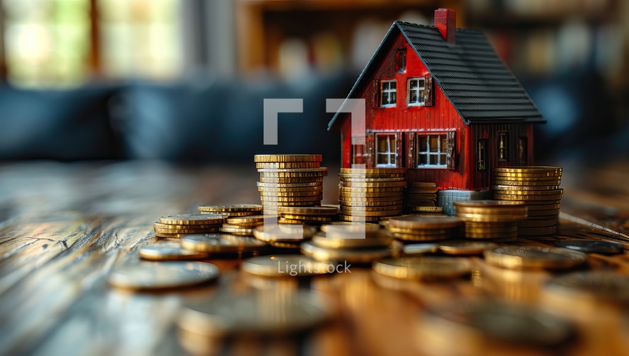House model and coins on wooden table. Real estate and investment concept.