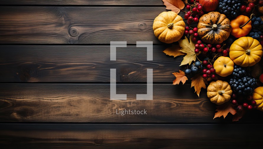 Autumn background with pumpkins, berries and leaves on wooden background