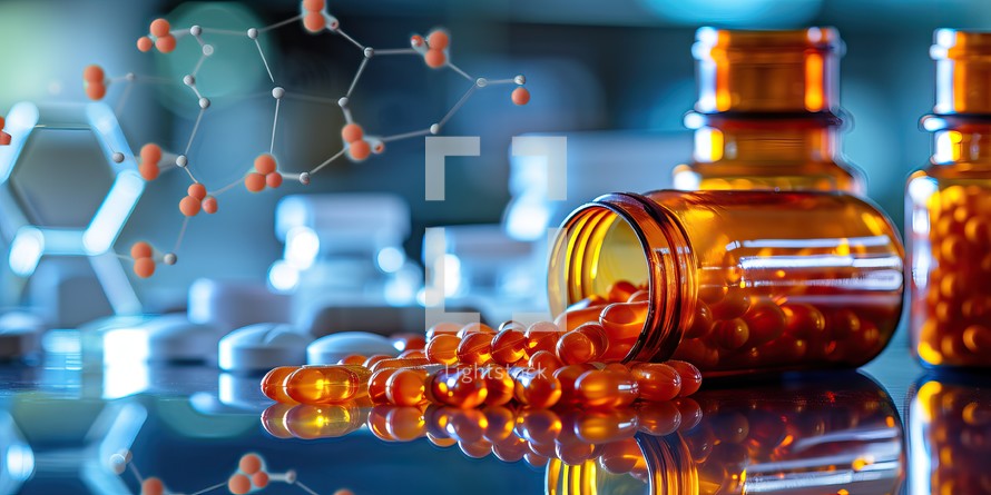  Medicine capsules spilled from a bottle on glass table with molecular structure in background