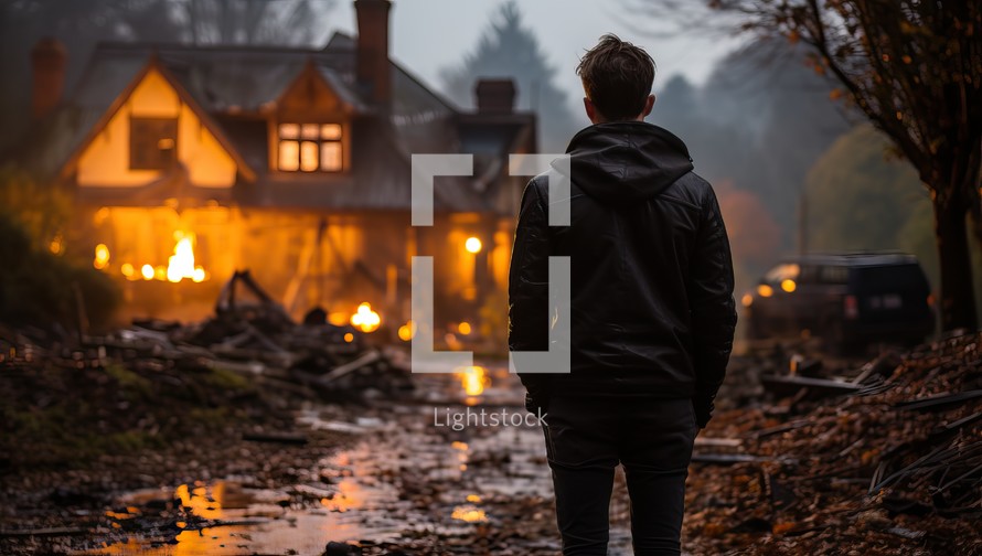 Man standing in front of a burning house in the middle of the forest