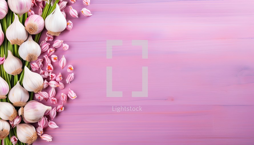 Garlic and tulip flowers on pink wooden background. Top view