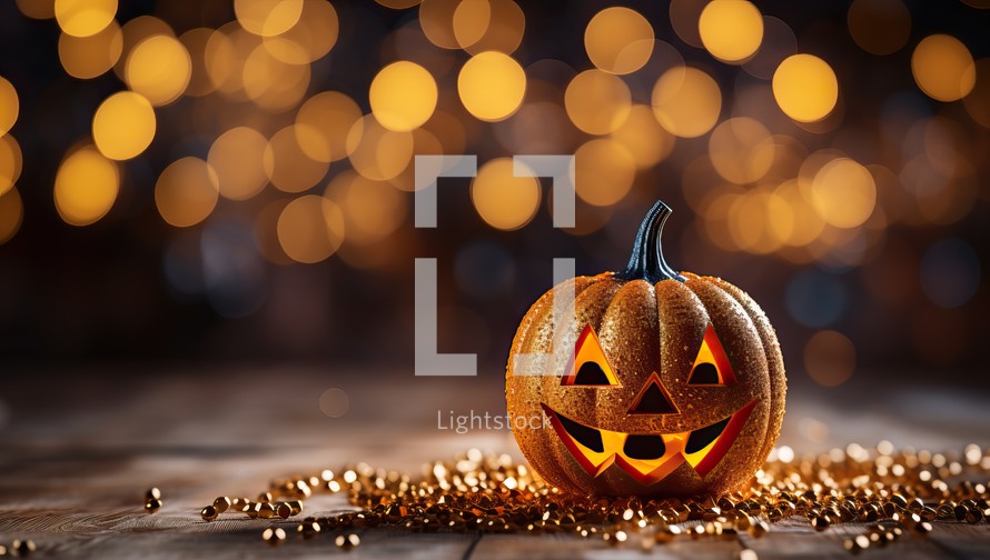 Halloween pumpkin jack o lantern on bokeh lights background.