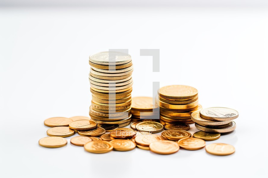 Pile of gold coins on white background, business and finance concept