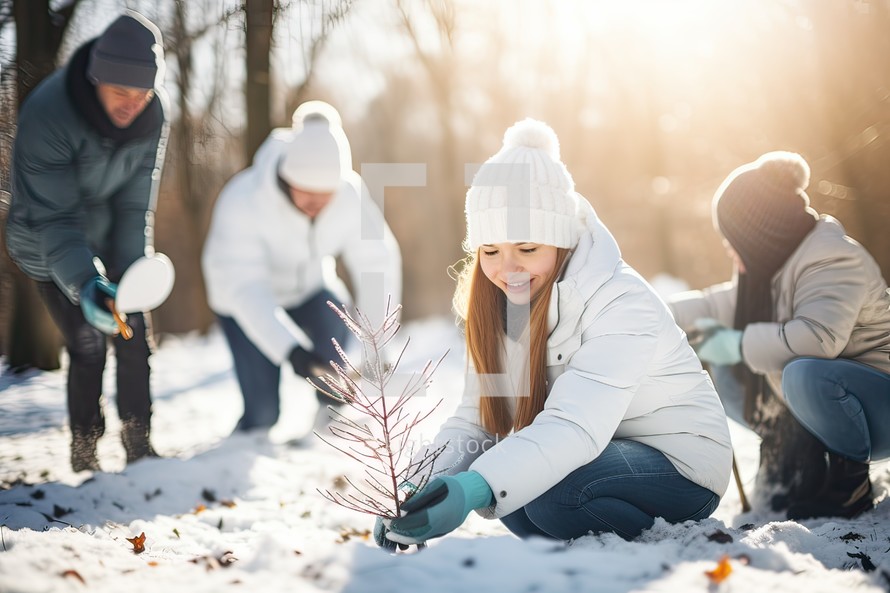Group of friends planting a tree in the snow in the park.
