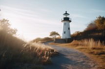 Lighthouse on the dunes at sunset