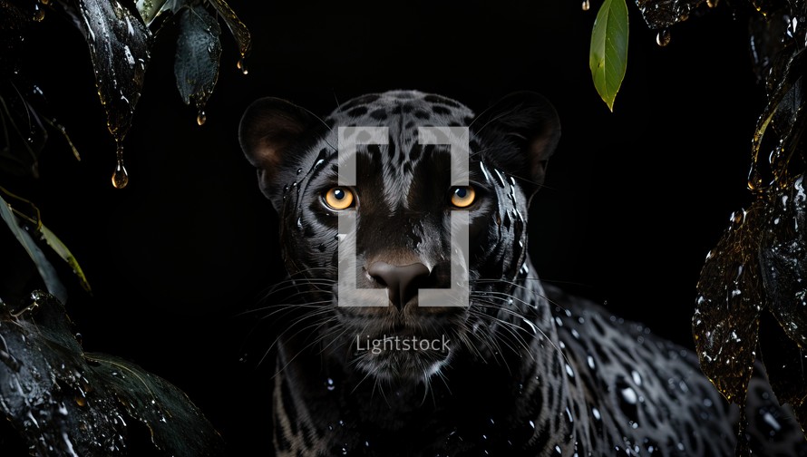 Portrait of a black panther on a black background with leaves.