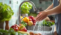 Woman washing fresh vegetables in kitchen sink