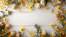 Easter eggs and mimosa flowers on white wooden background, top view