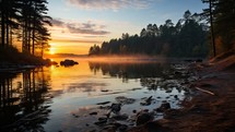 Serene Sunrise Over Lake with Trees and Rocks