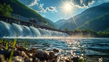 Sunrise over dam with flowing water in mountainous landscape
