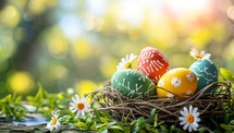 Colorful Easter eggs nestled in birds nest surrounded by spring daisies. Concept of springtime, nature, holidays and renewal.