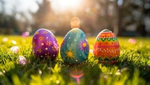 Vibrant Easter eggs in spring meadow with flowers and sunlight