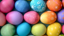 Colorful Easter eggs background. Close up of painted and decorated Easter eggs in pastel colors.