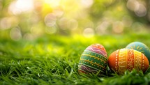 Colorful Easter eggs nestled in green grass with sunlight bokeh. Spring holiday celebration concept.