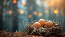 Brown chicken eggs in nest on forest floor with blurred lights, representing natural organic food, Easter, or new beginnings