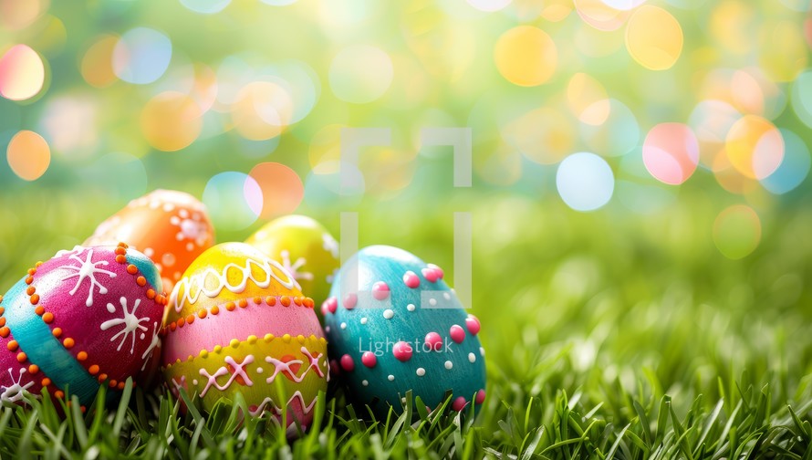 Colorful Easter eggs on green grass with bokeh lights background. Festive spring holiday celebration concept.