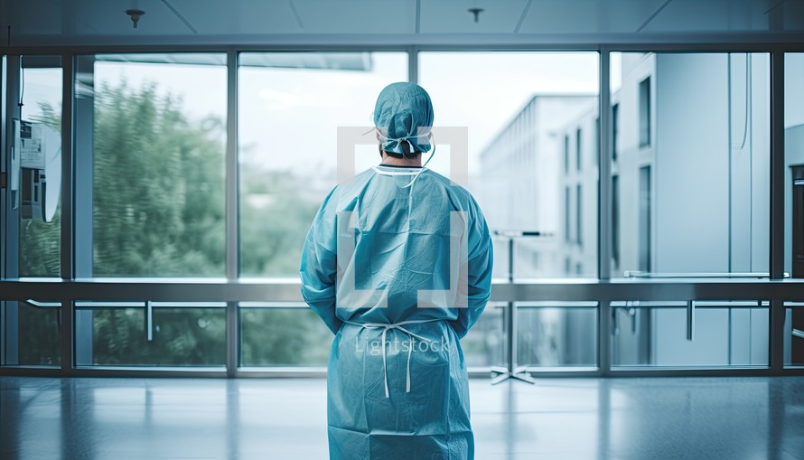 Rear view of a male surgeon standing in corridor of hospital.